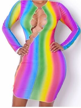 Cherie Rainbow Lace-Up Bodycon Dress - Multicolor. Rave. Dopamine. Made in USA M